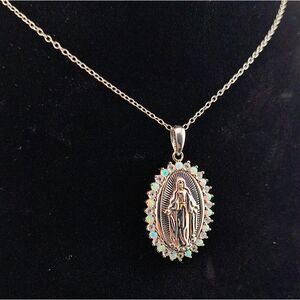 925 Sterling Silver Mother Mary Medal Pendant + Chain W/ Created Opal & Sapphire